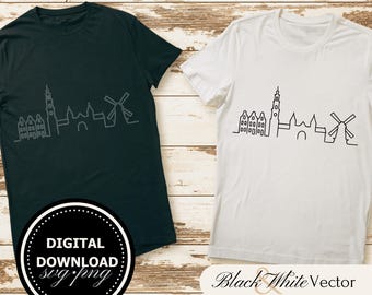 Amsterdam SVG Bundle, Amsterdam Skyline PNG, City Clipart, Hand drawn City Skyline line art pictures for print and engraving