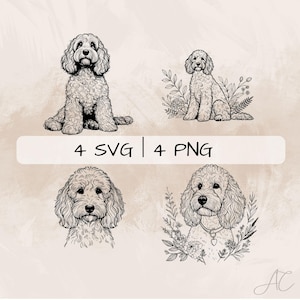 Può includere: Quattro disegni in bianco e nero di un cane barboncino. Due immagini mostrano il cane da solo e due immagini mostrano il cane con un disegno floreale dietro. Il testo "4 SVG | 4 PNG" è visualizzato al centro dell'immagine.