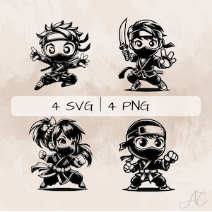Ninja SVG bundle, Cute Ninja  PNG, Female Ninja  Clipart, Hand drawn Ninja pictures for print and engraving