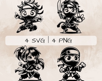 Paquete Ninja SVG, Cute Ninja PNG, Female Ninja Clipart, Imágenes Ninja dibujadas a mano para imprimir y grabar