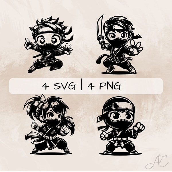 Ninja SVG bundle, Cute Ninja  PNG, Female Ninja  Clipart, Hand drawn Ninja pictures for print and engraving