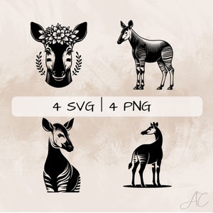 May include: Four black and white illustrations of okapi, a type of African mammal. One illustration features an okapi with a floral crown. The text "4 SVG | 4 PNG" is visible in the image.