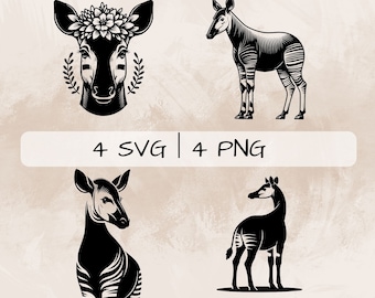 Okapi SVG bundle, Cute Okapi PNG, Okapi and Flowers  Clipart, Hand drawn Okapi pictures for print and engraving
