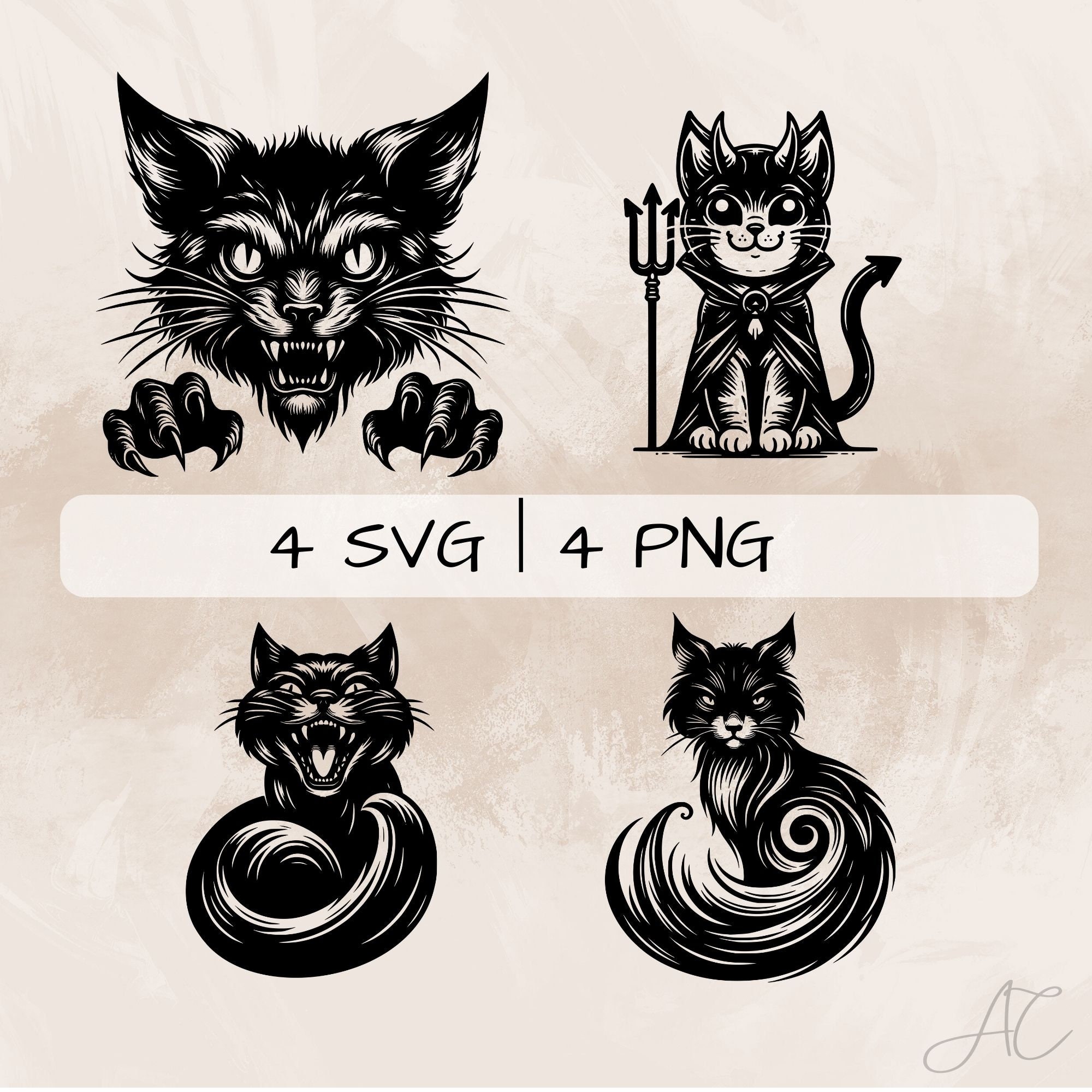 Evil Cat SVG Bundle, Cat PNG, Scary Cat Clipart , Hand Drawn Evil