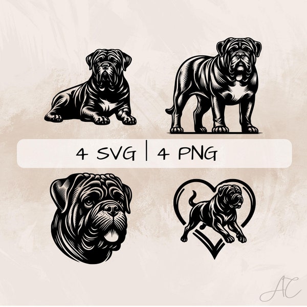 Bullmastiff SVG Bundle, Bullmastiff Dog PNG ,Bullmastiff and Heart Clipart, Hand drawn Bullmastiff pictures for print and engraving