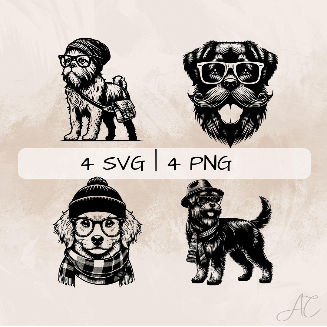 Hipster Dog SVG Bundle, Dog PNG, Dog and Glasses Clipart, Hand Drawn ...