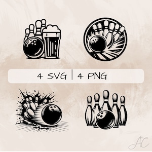 May include: Four black and white vector illustrations of bowling pins and a bowling ball. The first image shows a bowling ball and pins with a glass of beer. The second image shows a bowling ball and pins in a circle with a starburst effect. The third image shows a bowling ball and pins breaking through a wall. The fourth image shows a bowling ball and pins in a row.