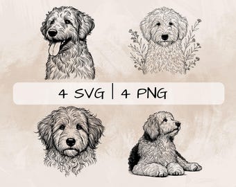Aussiedoodle Line Art SVG Bundle, Pudel PNG, Australian Shepherd Clipart, Handgezeichnete Aussiedoodle Hundebilder für Druck und Gravur