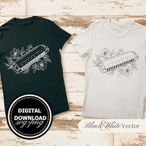 May include: Two t-shirts with a black and white vector design of a harmonica with floral accents. The text "Digital Download svg/png" and "Black & White Vector" are also included in the image.
