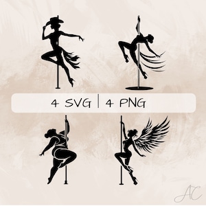 Puede incluir: Cuatro imágenes de silueta negra de mujeres bailando en un poste. Las mujeres están en diferentes poses, incluyendo una con alas. El texto "4 SVG | 4 PNG" está en la parte inferior de la imagen.