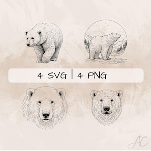 Delicate Polar Bear SVG Bundle, Polar Bear Line Art PNG, Polar Bear Face Clipart, Hand drawn Polar Bear pictures for print and engraving