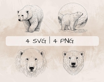 Delicate Polar Bear SVG Bundle, Polar Bear Line Art PNG, Polar Bear Face Clipart, Hand drawn Polar Bear pictures for print and engraving