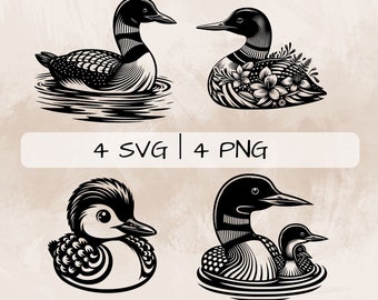 Loon SVG bundle, Floral Loon PNG, Loon in water Clipart, Hand drawn Loon pictures for print and engraving