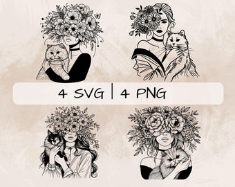 Cat Mom SVG Bundle, Cat Lady PNG, Cat Lady and Flowers Clipart, Hand drawn Floral Cat Lady pictures for print and engraving