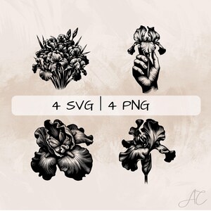 May include: Four black and white illustrations of iris flowers. The first image shows a bouquet of irises. The second image shows a single iris flower held in a hand. The third and fourth images show single iris flowers.
