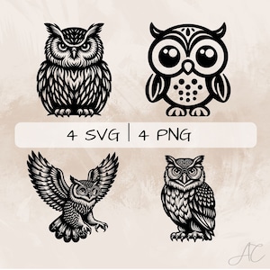 May include: Four black and white owl illustrations. The owls are in different poses, including one with wings spread. The text "4 SVG | 4 PNG" is at the bottom of the image.