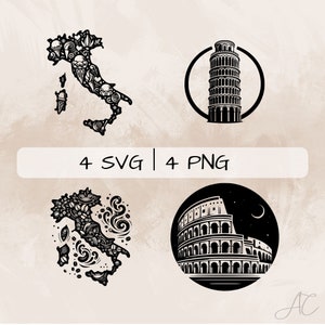 イタリア SVG バンドル、ピサ PNG、コロッセオ クリップアート、印刷および彫刻用の手描きのイタリアの写真