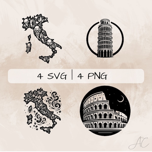 Italy SVG bundle, Pisa PNG, Colosseum Clipart, Hand drawn Italy pictures for print and engraving