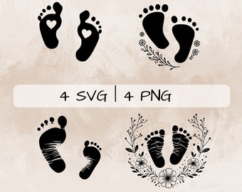 Baby Footprints SVG, Footprints PNG, Footprints with Heart Clipart, Hand drawn Baby Footprints pictures for print and engraving