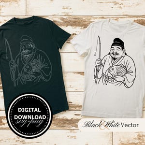 May include: Two t-shirts, one dark green and one white, each featuring a black and white illustration of a smiling fisherman holding a fish and a fishing rod. The dark green shirt has a circular "DIGITAL DOWNLOAD svg.png" graphic. The white shirt has "Black & White Vector" text.