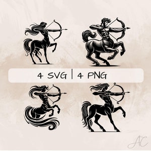 Op de afbeelding: Vier zwart-wit illustraties van een centaur met een boog en pijl. De centaur is een mythisch wezen met het bovenlichaam van een mens en het onderlichaam van een paard. De illustraties zijn in vintage stijl.