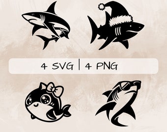 Shark SVG bundle, Cute Shark  PNG, Shark with Sunglasses Clipart, Hand drawn Shark pictures for print and engraving