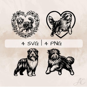 Peut inclure: Quatre illustrations en noir et blanc d'un chien Bearded Collie. Une image montre le chien debout, une autre le montre en train de courir, et les deux autres images montrent le chien dans un cadre en forme de cœur avec des fleurs. Le texte "4 SVG | 4 PNG" est sous les images.