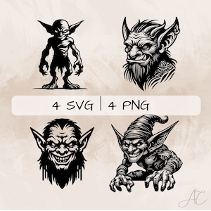 ゴブリン SVG および PNG バンドル、ホブゴブリン クリップアート、印刷および彫刻用の手描きゴブリンの絵