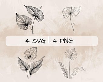 Delicate Anthurium SVG Bundle, Laceleaf Line Art PNG, Tailflower Clipart, Hand drawn Flamingo Flower pictures for print and engraving