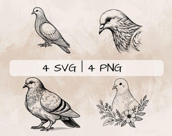 Delicate Pigeon SVG Bundle, Pigeon Line Art PNG, Floral Pigeon Clipart, Hand drawn Pigeon pictures for print and engraving