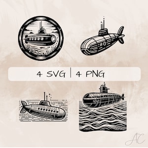 Submarine SVG bundle, Submarine in Sea PNG, Submarine Scene, Hand drawn Submarine pictures for print and engraving