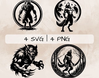 Hombre lobo SVG, Hombre lobo aterrador PNG, Hombre lobo aullando imágenes prediseñadas, Hombre lobo dibujado a mano para impresión y grabado