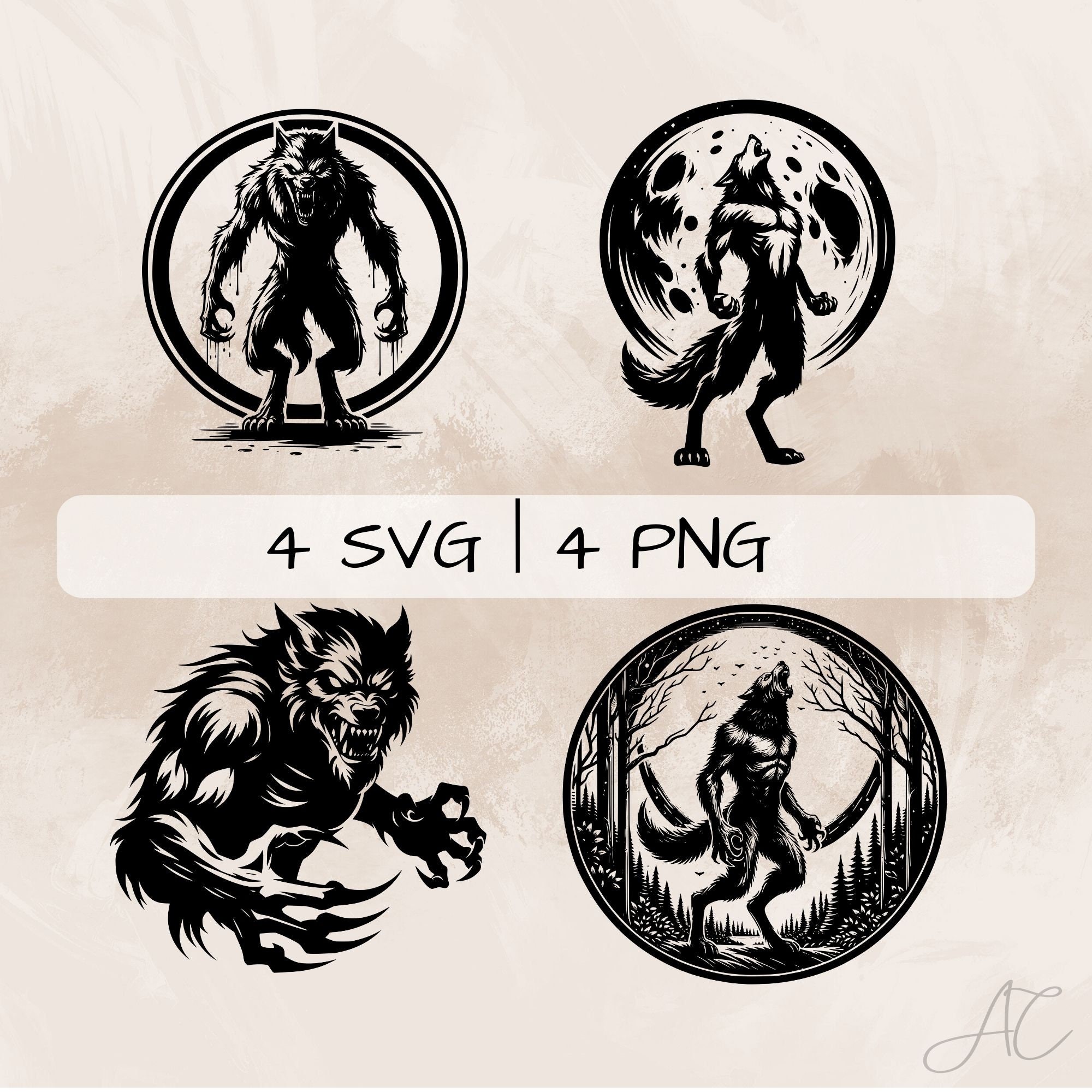 Werewolf SVG, Scary Werewolf PNG , Werewolf Howling Clipart, Hand Drawn