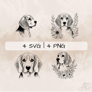 Puede incluir: Cuatro ilustraciones en blanco y negro de perros Beagle. Dos de las ilustraciones presentan al perro con una corona de flores alrededor de la cabeza. El texto "4 SVG | 4 PNG" se muestra en el centro de la imagen.