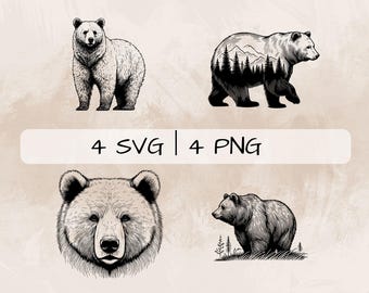 Delicate Grizzly Bear SVG Bundle, Brown Bear Line Art PNG, Bear and Mountains Clipart, Hand drawn Bear pictures for print and engraving