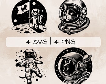 Space Cat SVG & PNG bundle,Cat Astronaut Clipart, Hand drawn Space Cat pictures for print and engraving