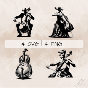 Cello SVG bundle, Instrument PNG, Music Clipart, Hand drawn Cello pictures for print and engraving