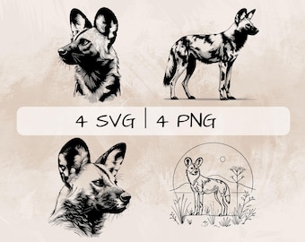 Paquete SVG de perro salvaje delicado, arte lineal de perro salvaje PNG, clipart de cara de perro salvaje africano, imágenes de perros salvajes dibujadas a mano para imprimir y grabar