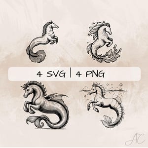 May include: Four black and white line art illustrations of seahorses. The seahorses are in different poses, some with flowing tails and some with a wave behind them. The text "4 SVG | 4 PNG" is at the top of the image.