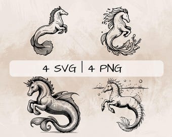 May include: Four black and white line art illustrations of seahorses. The seahorses are in different poses, some with flowing tails and some with a wave behind them. The text "4 SVG | 4 PNG" is at the top of the image.