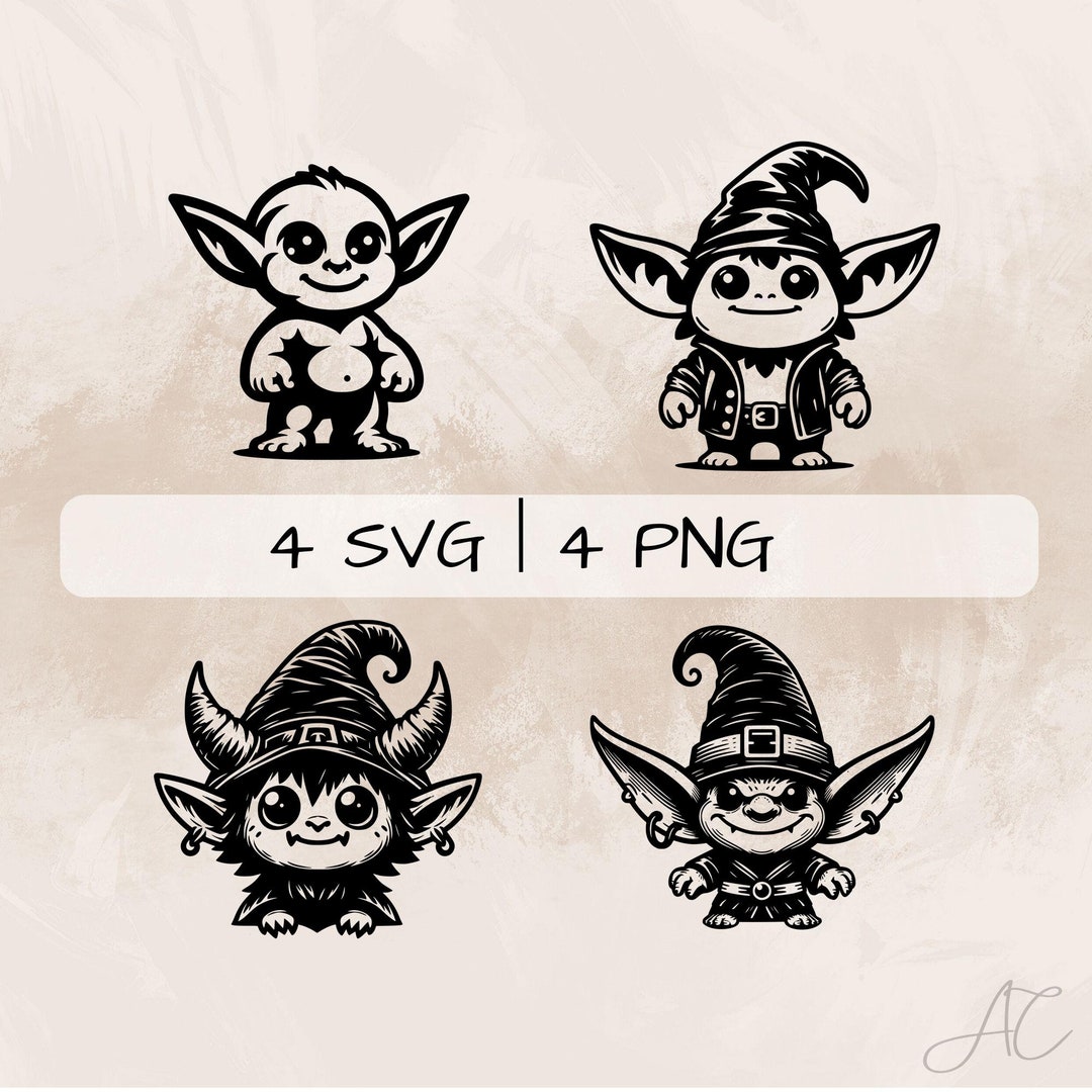 Cute Goblin SVG & PNG Bundle, Goblin Clipart, Hand Drawn Cute