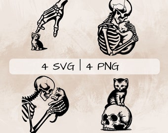 May include: Four black and white illustrations of a skeleton interacting with a cat. The first image shows a skeleton hand pointing at a small cat. The second image shows a skeleton hugging a cat. The third image shows a skeleton holding a cat. The fourth image shows a cat sitting on a skull.