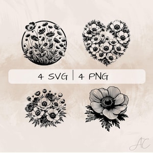Anemone SVG Bundle, Anemone Blume PNG, Anemone Kranz Clipart, handgezeichnete Anemone Bilder zum Drucken und Gravieren