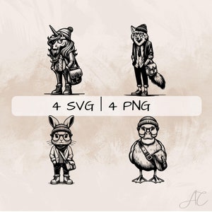 Hipster Tiere SVG Bundle, Hipster PNG, Hipster Art Clipart, handgezeichnete lustige Hipster Tiere Bilder zum Drucken und Gravieren