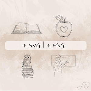 May include: A set of four black and white illustrations featuring a book with hearts, an apple with a heart, an owl perched on a stack of books, and a teacher standing in front of a chalkboard with the equation 12+4+6=2 written on it.