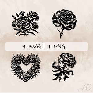 Carnation SVG bundle, Carnations Bouquet PNG,  Carnation with Bow Clipart , Hand drawn Carnation pictures for print and engraving
