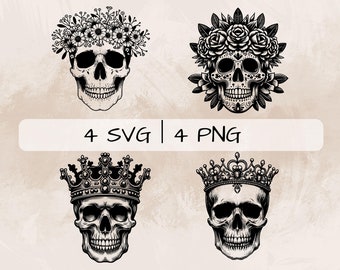 Könnte beinhalten: Vier schwarz-weiße Schädel-Illustrationen. Zwei Schädel sind mit Blumengirlanden geschmückt, und zwei Schädel sind mit verzierten Kronen gekrönt. Der Text "4 SVG | 4 PNG" erscheint unter den Bildern.