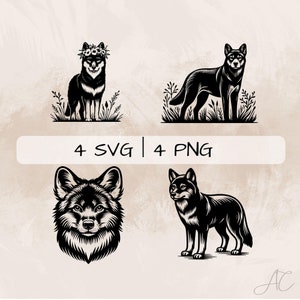 Puede incluir: Cuatro ilustraciones en blanco y negro de lobos. Un lobo lleva una corona de flores. Otro lobo está de pie con la cabeza girada hacia un lado. El tercer lobo está de pie con la cabeza mirando hacia adelante. El cuarto lobo es un retrato de cabeza.