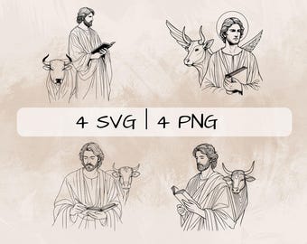 Paquete SVG de San Lucas, Lucas el Evangelista PNG, San Lucas con buey Clipart, Imágenes de San Lucas dibujadas a mano para imprimir y grabar
