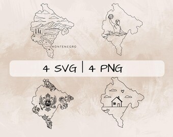 Montenegro SVG Bundle, Montenegro Outline PNG ,Montenegro Country Clipart, Hand drawn Montenegro Map pictures for print and engraving